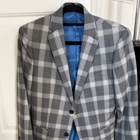 Men's Custom Tailored Sport Coat - Size 40R Gray White and Blue Check